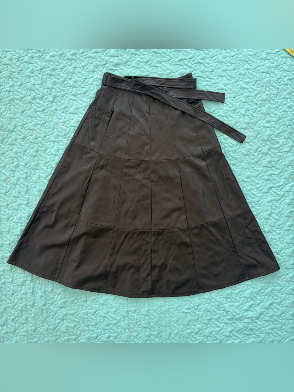 Beulah size small Black A-Line Faux Leather Midi Skirt with Waist Tie pleather